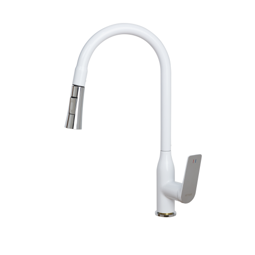 Смеситель ОПТИМА кухня (18631) 35 мм, выдвижная лейка, БЕЛЫЙ