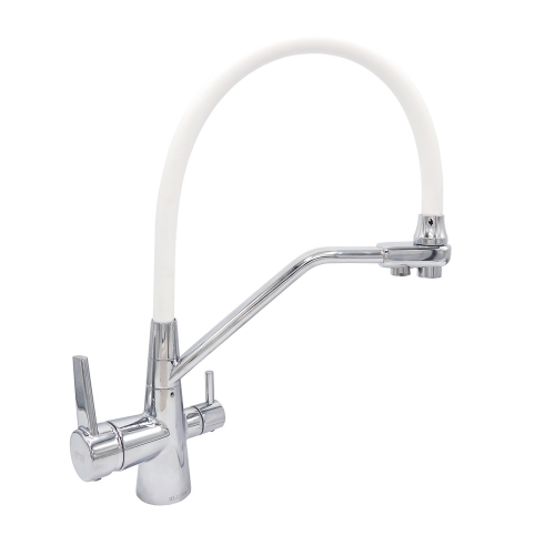 Смеситель ОПТИМА кухня (16225) 35 мм, с выходом под фильтр, с гайкой, гибкий излив БЕЛЫЙ